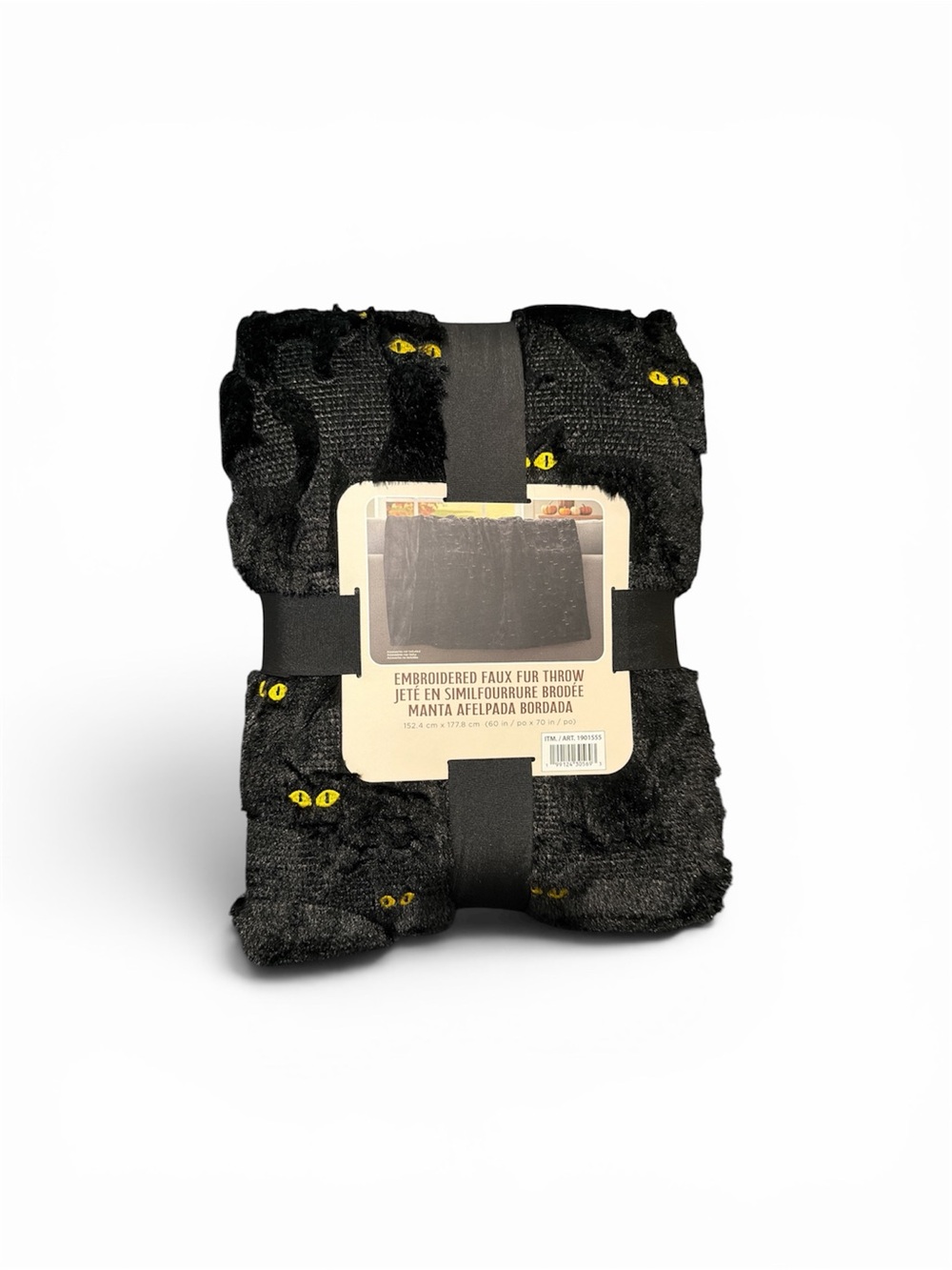Northwest Black Faux Fur Throw with Yellow Cat Eye Embroidery